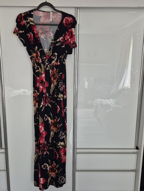 Dresses & Skirts - Black Floral Wrap Maxi Dress with Pink & Gold Accents